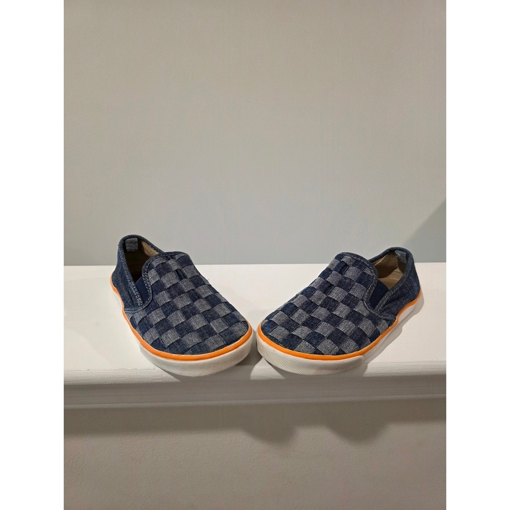 Kid's sz 11 Old Navy Blue Denim Checkerboard Slip On Sneakers Orange Trim Summer